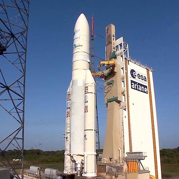 A rocket is ready to be launched from its launchpad