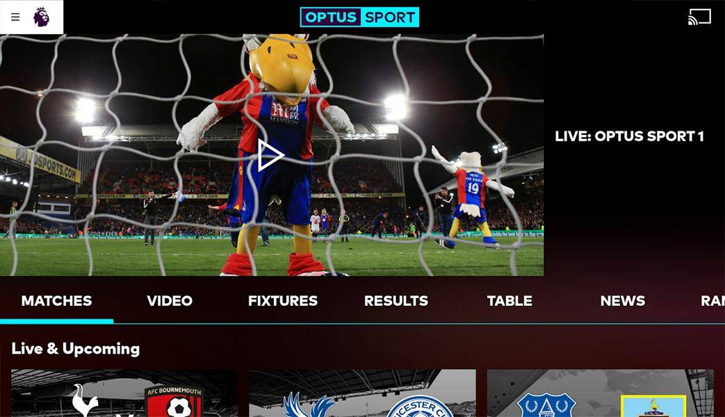 screenshot of Optus Sport homepage showing titles available to watch