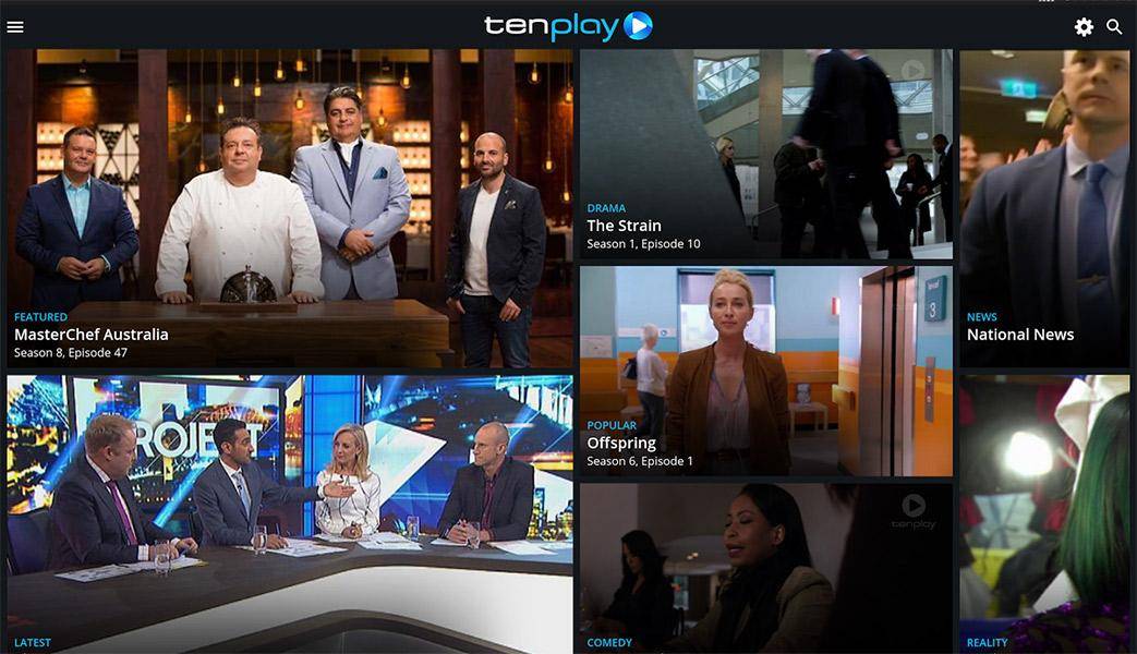 screenshot of TENplay homepage showing titles available to watch