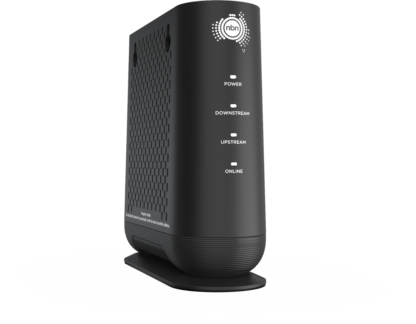 Front of black Network Termination Device (NTD) unit featuring 4 light options for Power, Downstream, Upstream and Online.